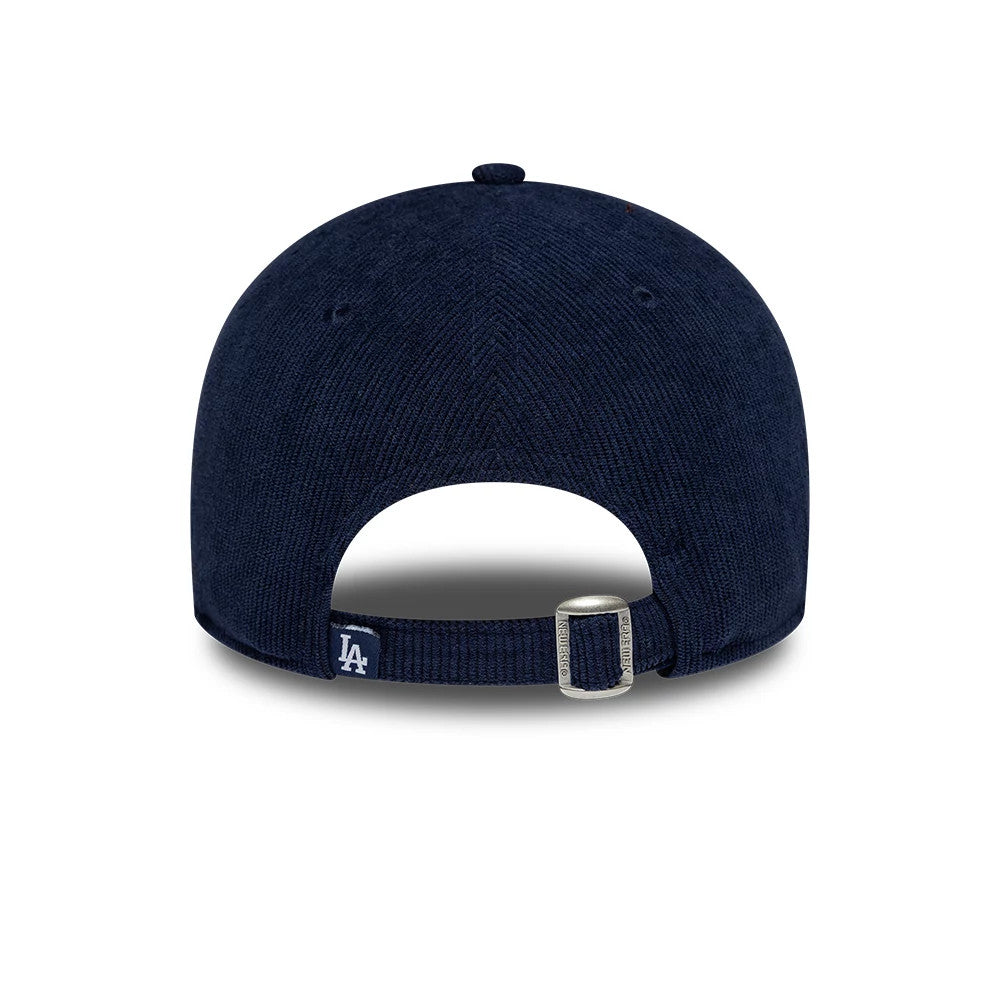 LA Dodgers Womens MLB Script Cord Navy New Era 9TWENTY Adjustable Cap, rear view showing the white embroidered LA logo on the navy strap, buckle closure, and a structured navy crown with matching navy top button and eyelets.