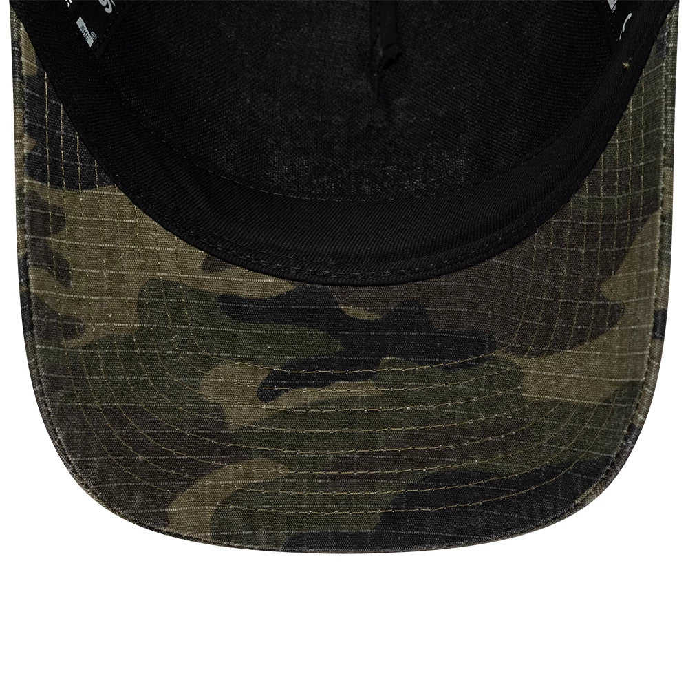Pictured is this New Era Camo 9FORTY M-Crown A-Frame Trucker cap in dark green. 5