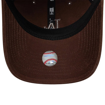 LA Dodgers MLB Washed Midi Logo Brown New Era 9TWENTY Adjustable Cap, inside view showing a black sweatband, brown undervisor with white contrast embroidery, and a baseball-shaped sticker positioned at the centre.