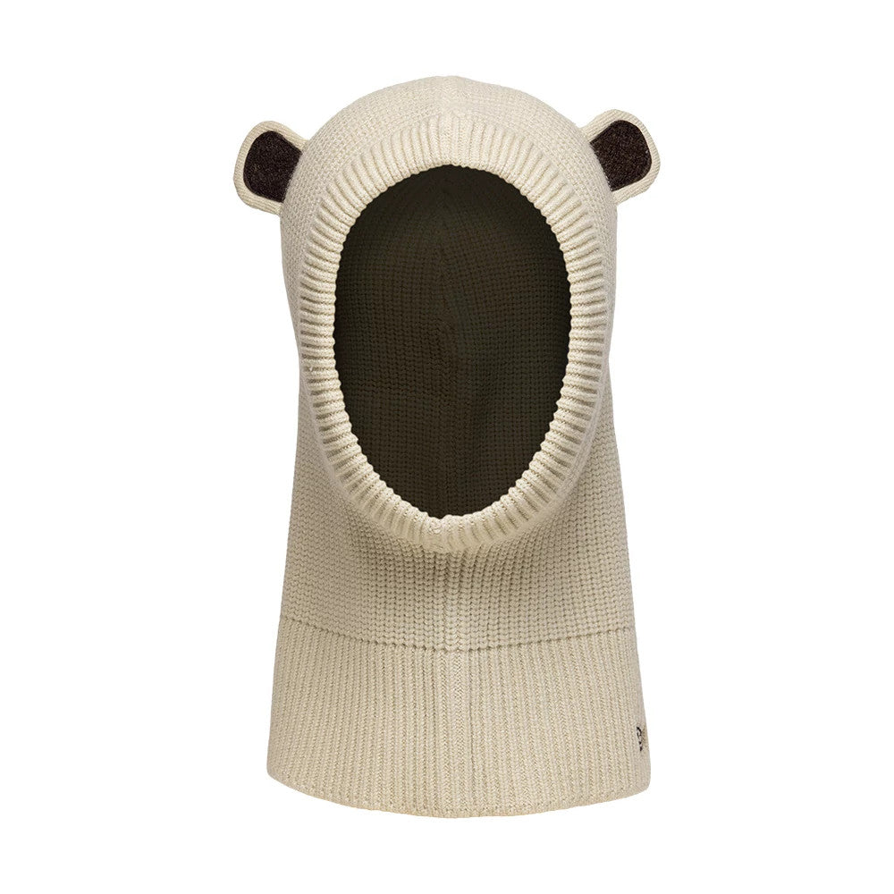 Child New Era Bear Light Beige Balaclava Hat, front view showing a knitted texture with bear ears on the top sides, an open face design, and ribbed around the edges in light beige.
