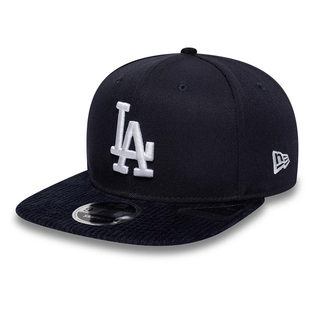 Dodgers MLB Cord Visor Navy New Era 9FIFTY Original Fit Snapback Adjustable Cap, front view showing the raised white embroidered LA logo on the front panel, a distinctive corded navy visor, and a silver 9FIFTY size sticker on the flat visor.