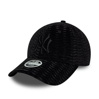 New York Yankees Womens MLB Velour Black New Era 9FORTY Adjustable Cap, front view showing the black raised embroidered NY logo on the black velour textured crown, with a curved visor and a 9FORTY size sticker on the visor.