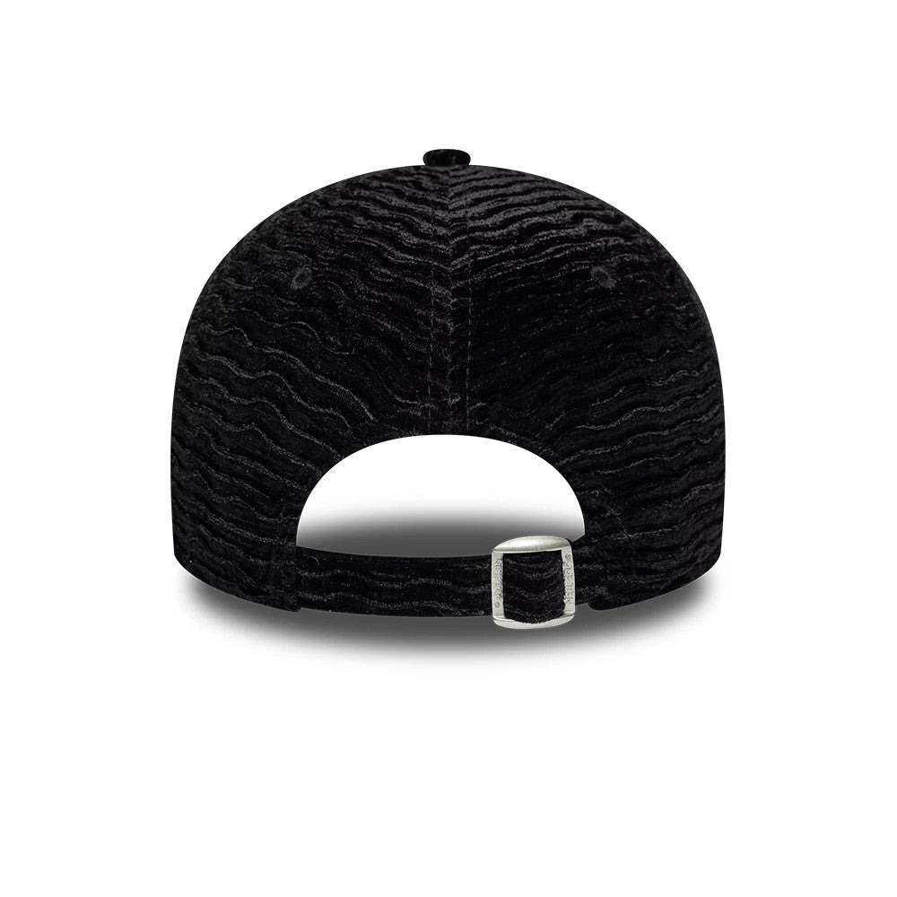 New York Yankees Womens MLB Velour Black New Era 9FORTY Adjustable Cap, rear view showing the textured black velour fabric across the structured panels, open back with an adjustable strap, and no back logo on the crown.