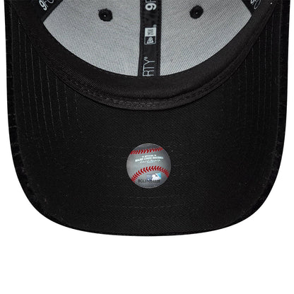 New York Yankees Womens MLB Velour Black New Era 9FORTY Adjustable Cap, inside view showing the grey taping with a black sweatband, black undervisor, and an MLB authenticated silver size sticker featuring baseball seam graphics.