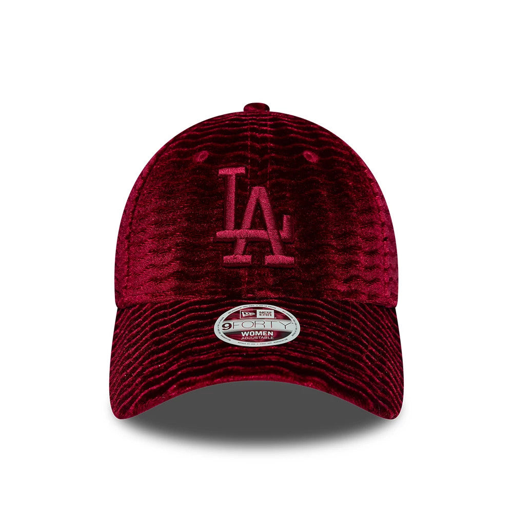 LA Dodgers Womens MLB Velour Dark Red New Era 9FORTY Adjustable Cap, front view showing the raised embroidered LA logo on the structured dark red velour crown, with a matching visor and a silver 9FORTY size sticker.