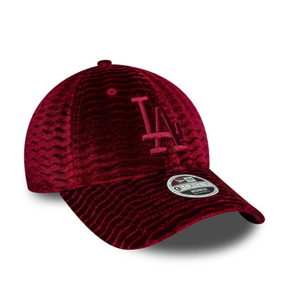 LA Dodgers Womens MLB Velour Dark Red New Era 9FORTY Adjustable Cap, three-quarter view showing the raised embroidered LA logo on the front panel, a textured velour fabric, and a 9FORTY size sticker on the structured dark red curved visor.