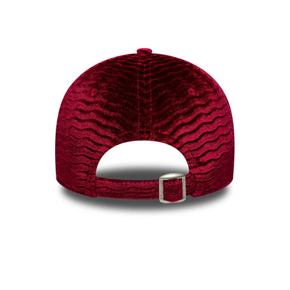 LA Dodgers Womens MLB Velour Dark Red New Era 9FORTY Adjustable Cap, rear view showing the curved dark red velour panels with a buckle strap at the back, and matching dark red eyelets and top button completing the luxurious design.