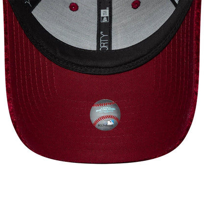 LA Dodgers Womens MLB Velour Dark Red New Era 9FORTY Adjustable Cap, inside view showing the black sweatband, grey inner taping with 9FORTY branding, and a baseball hologram sticker on the dark red undervisor.