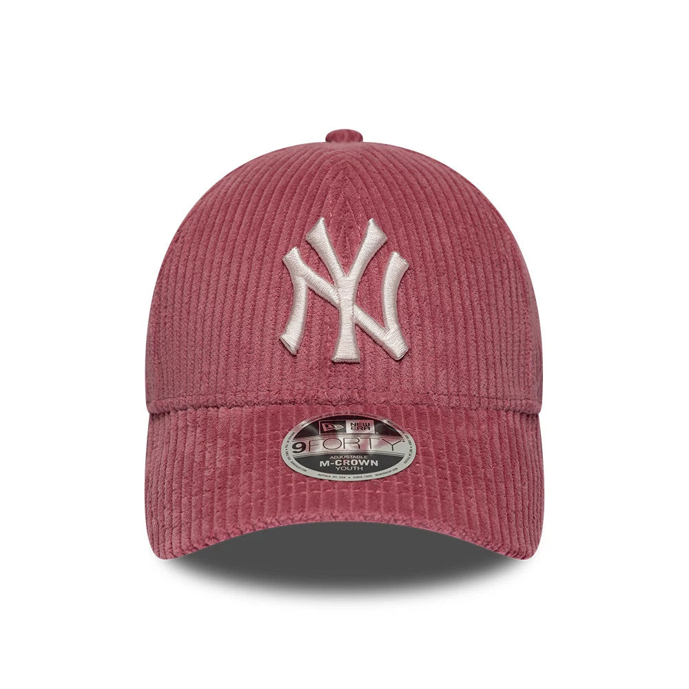New York Yankees Youth MLB Cord Dark Red New Era 9FORTY M-Crown Adjustable Cap, front view showing the white raised embroidered NY logo on the cord-textured dark red front panel, with a 9FORTY size sticker on the matching curved visor.