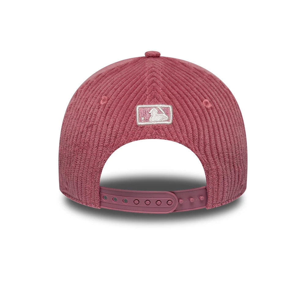 New York Yankees Youth MLB Cord Dark Red New Era 9FORTY M-Crown Adjustable Cap, rear view showing the white embroidered MLB Batterman logo centred on the textured dark red corduroy crown, with an adjustable strap featuring multiple notches.