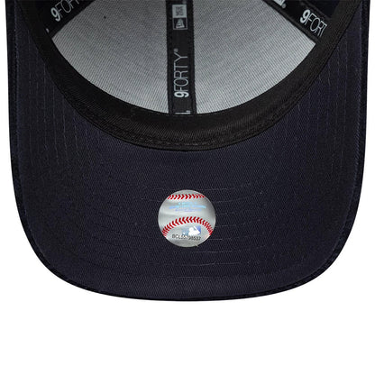 New York Yankees Youth MLB Cord Navy New Era 9FORTY M-Crown Adjustable Cap, inside view showing the black sweatband with 9FORTY branding, grey taping along the seams, and a round sticker with a baseball design on the navy undervisor.