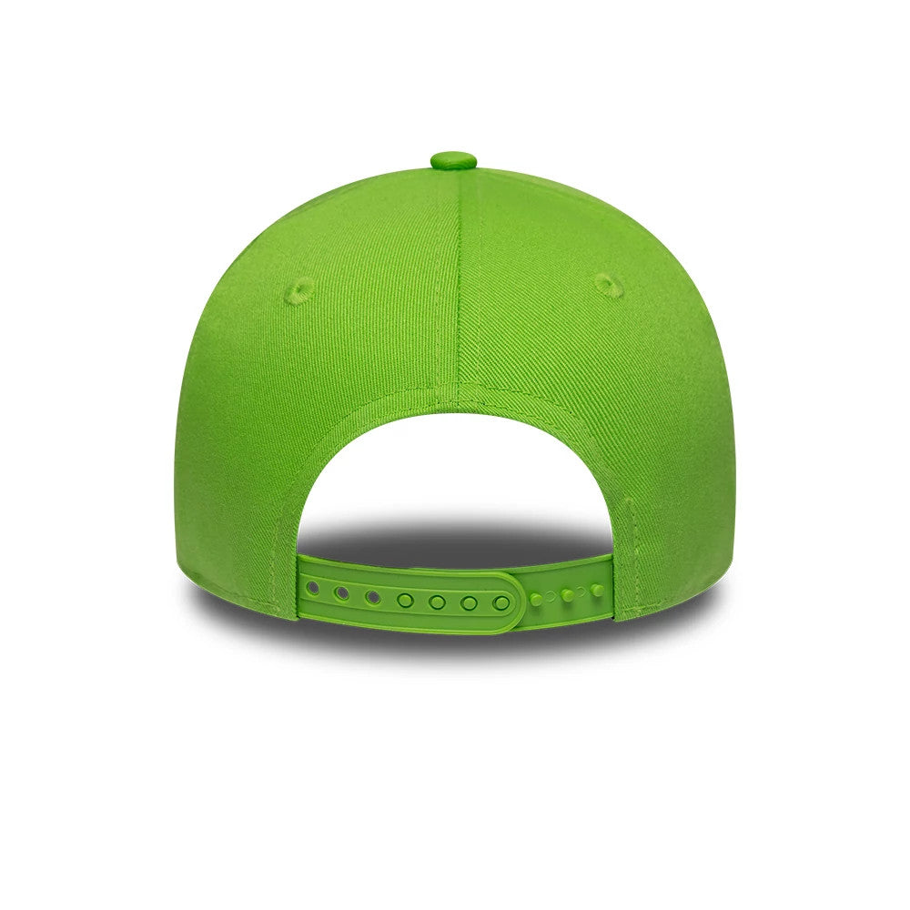 Youth TMNT Face Bright Green New Era 9FORTY M-Crown Adjustable Cap, rear view showing the green adjustable strap with multiple holes for sizing, a structured bright green crown, and matching top button, creating a cohesive look.