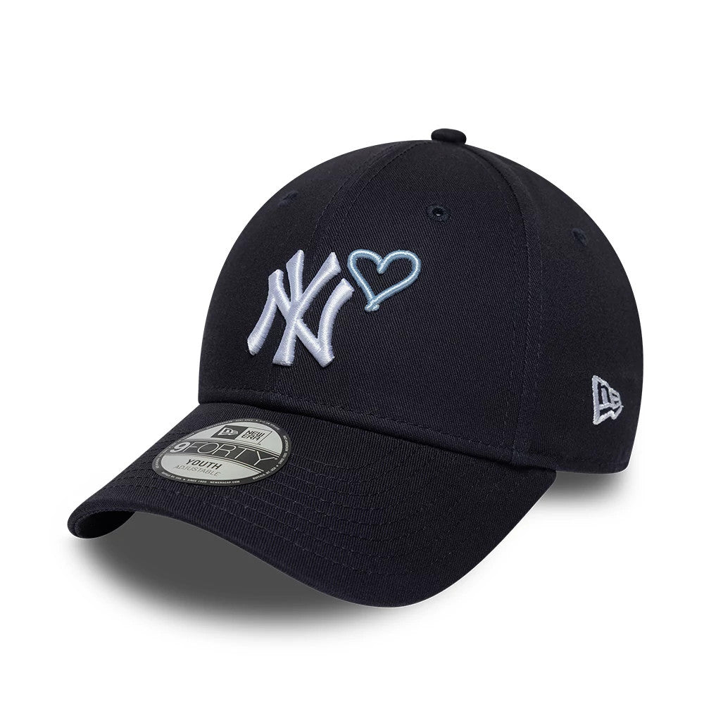 New York Yankees Youth MLB Heart Icon Navy New Era 9FORTY Adjustable Cap, front view showing the raised white NY logo paired with a blue heart icon on the front panel, curved navy visor, and 9FORTY size sticker on top.