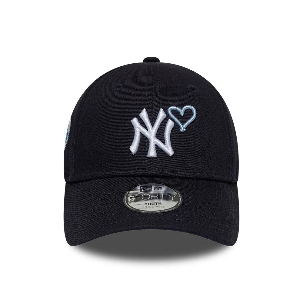 Pictured is this Youth MLB Heart Icon New York Yankees 9FORTY cap in navy. 2