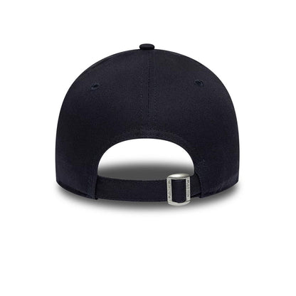 New York Yankees Youth MLB Heart Icon Navy New Era 9FORTY Adjustable Cap, rear view showing the silver buckle on the adjustable strap, navy crown with matching eyelets and top button, and a curved opening at the back.