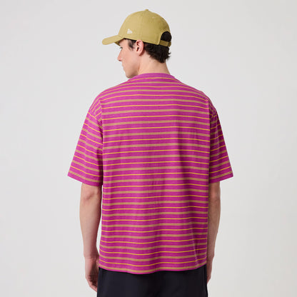 New Era Stripe Bright Purple T-Shirt, back view on a model wearing a light brown cap, featuring horizontal bright purple and yellow stripes across the entire back, with short sleeves and a relaxed fit.