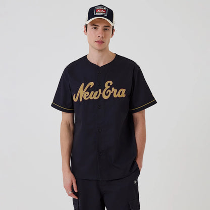 The model is wearing this New Era Straight Hem Jersey in navy. 1
