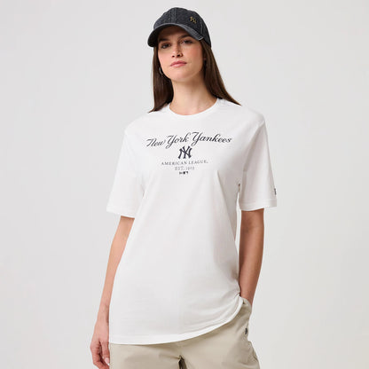 The model is wearing this MLB Linear New York Yankees T-Shirt in white. 4