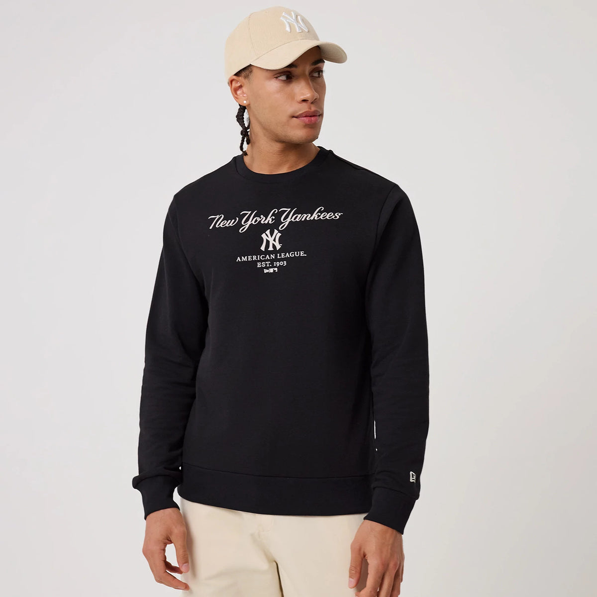 The model is wearing this MLB Linear New York Yankees Crew Neck Sweater in black. 3