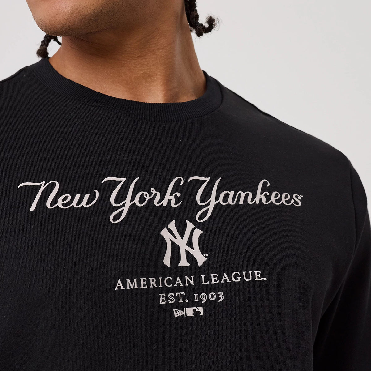 The model is wearing this MLB Linear New York Yankees Crew Neck Sweater in black. 5