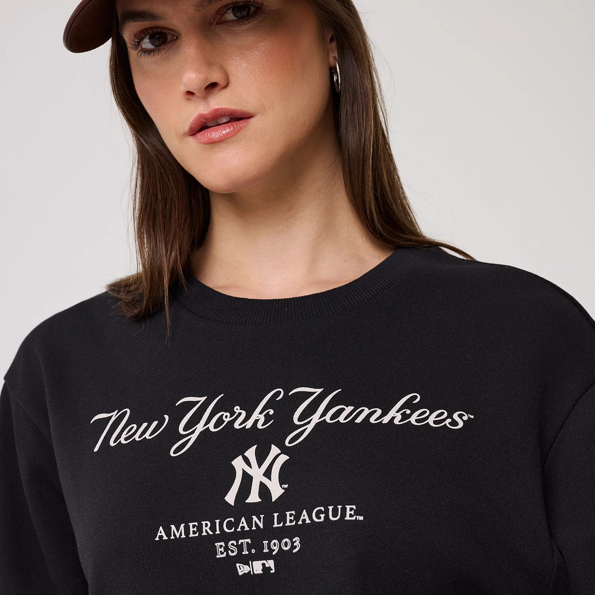 The model is wearing this MLB Linear New York Yankees Crew Neck Sweater in black. 6