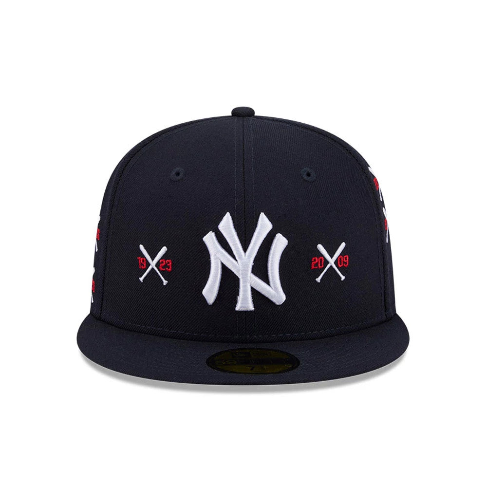 Yankees MLB X Spike Lee Crossed Bats Navy New Era 59FIFTY Fitted Cap, front view showing raised white NY logo centred on the crown, with crossed bats and red embroidery of the years 1923 and 2009, and a gold 59FIFTY size sticker on the navy visor.