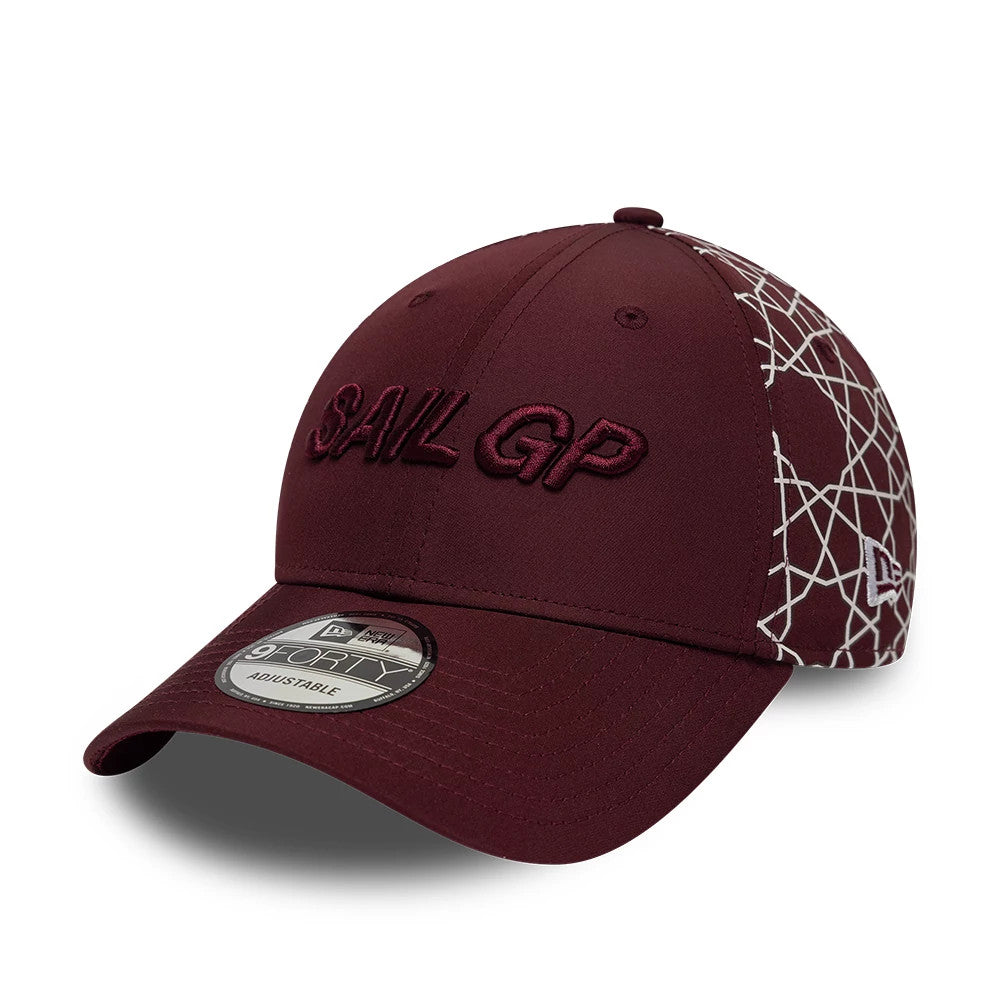 Sail GP Dubai Abu Dhabi Air Event Dark Red New Era 9FORTY Adjustable Cap, front view showing the dark red embroidered Sail GP lettering across the front panel, complemented by an intricate white geometric pattern on the side.