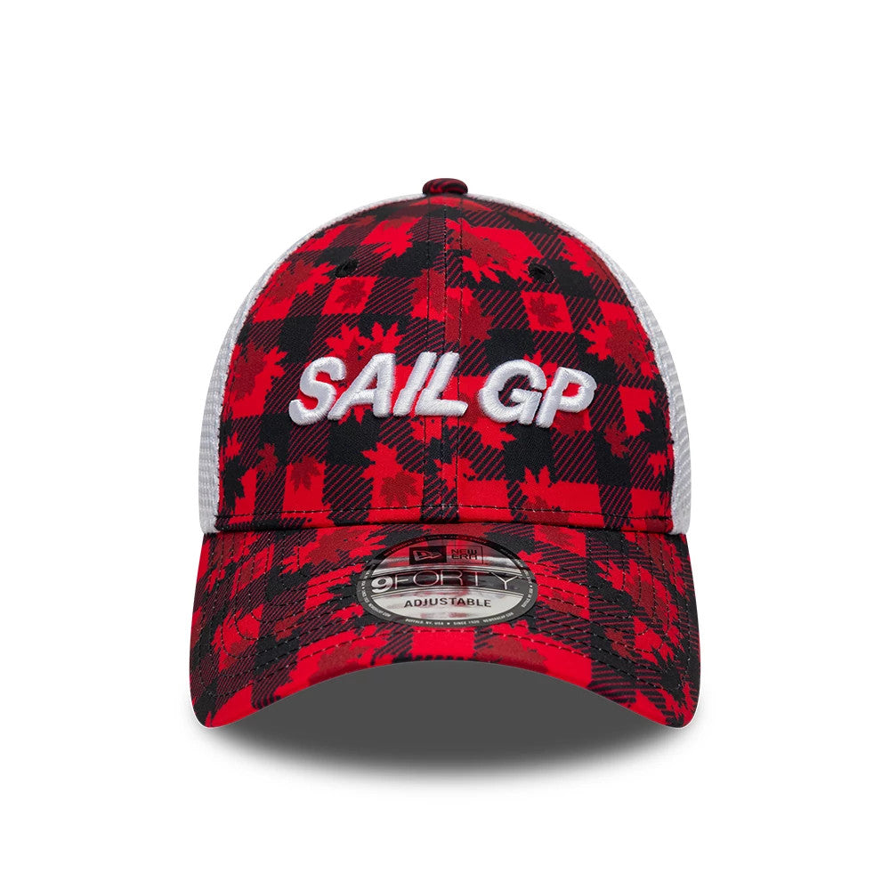 Sail GP Canada Air Event Red New Era 9FORTY Adjustable Cap, front view showing the white embroidered Sail GP lettering on the red and black plaid pattern front panel, with a red curved visor and 9FORTY size sticker on top.