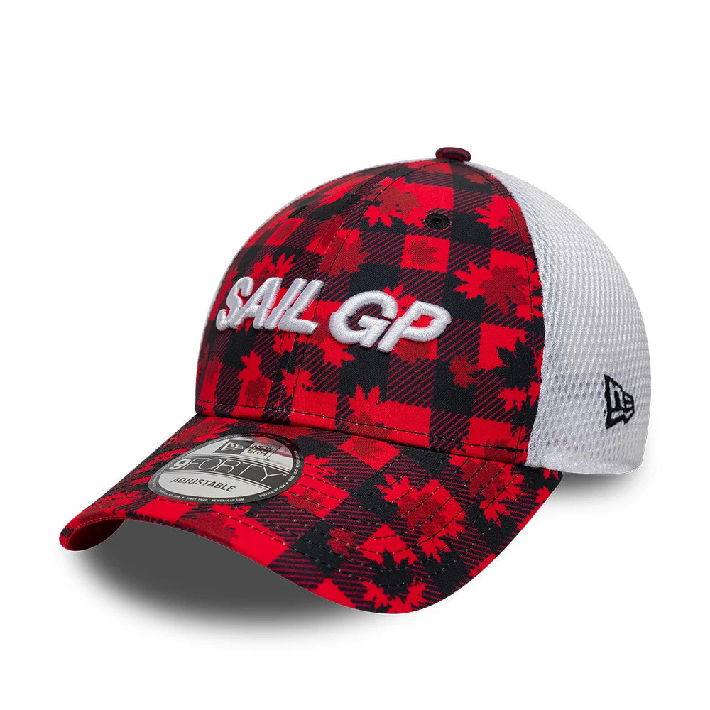 Sail GP Canada Air Event Red New Era 9FORTY Adjustable Cap, three-quarter view showing a raised white Sail GP embroidery on the red and black checkered front panel, a grey mesh back, and a 9FORTY size sticker on the curved visor.