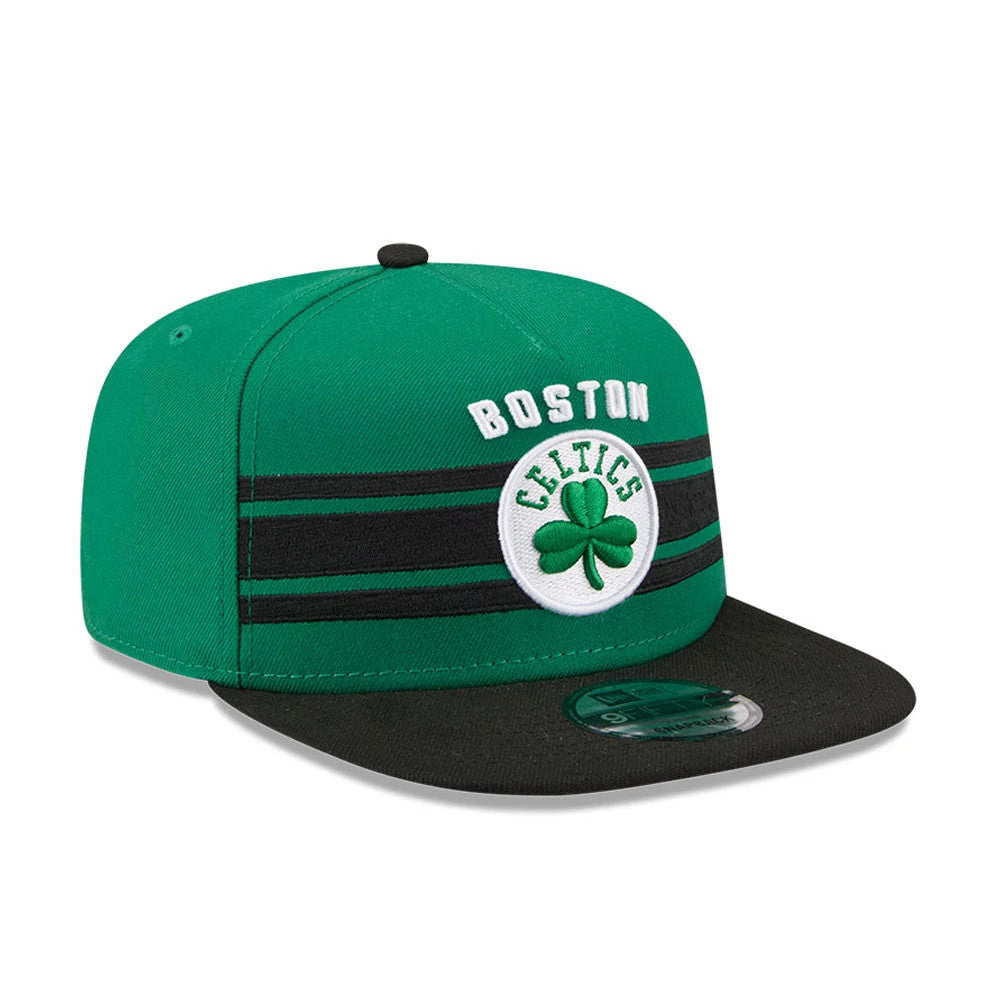 Boston Celtics NBA Tip Off 2026 Green New Era 9FIFTY A-Frame Snapback Adjustable Cap, front view showing a raised embroidered Boston Celtics logo in green and white on the front panel, black visor with a 9FIFTY size sticker.