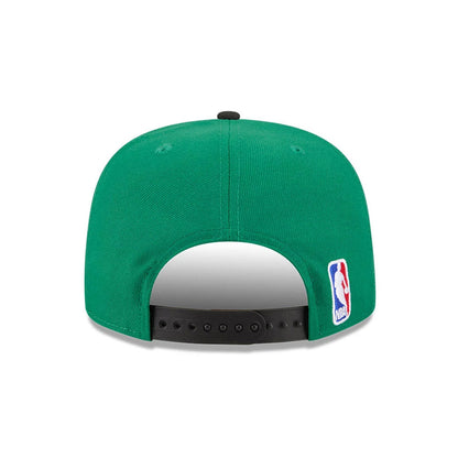 Boston Celtics NBA Tip Off 2026 Green New Era 9FIFTY A-Frame Snapback Adjustable Cap, rear view showing the NBA logo embroidered in red, white, and blue on the bottom right of the green structured back panels, with a black snapback closure.