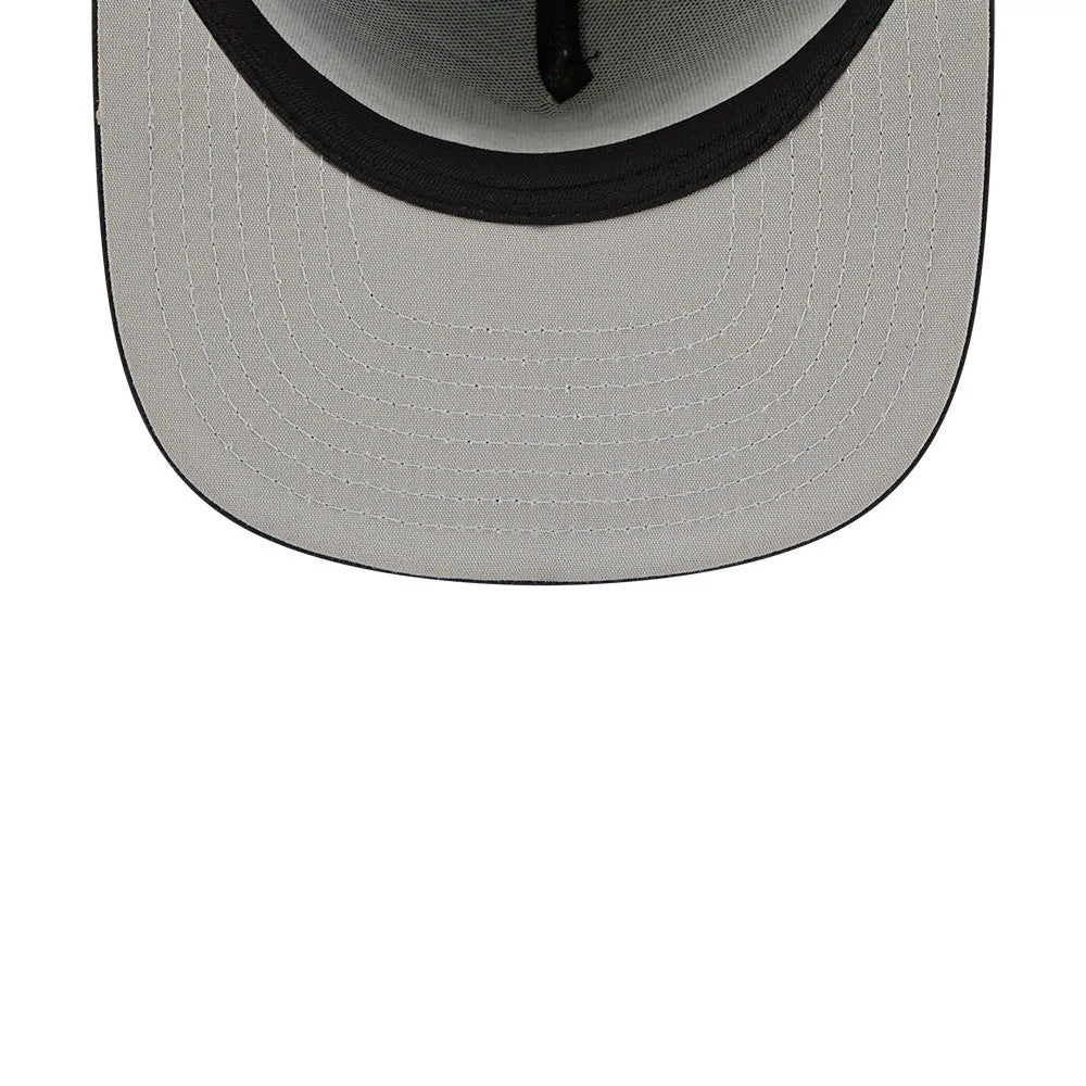 Boston Celtics NBA Tip Off 2026 Green New Era 9FIFTY A-Frame Snapback Adjustable Cap, inside view showing the grey undervisor with contrast stitching, black taping aligning the seams, and a black sweatband encircling the base of the crown.