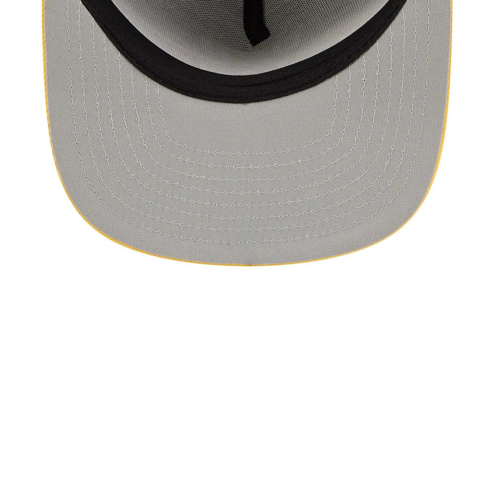 LA Lakers NBA Tip Off 2026 Purple New Era 9FIFTY A-Frame Snapback Adjustable Cap, inside view showing the grey undervisor with multiple rows of white stitching, a black sweatband around the edge, and a black taping along the centre seam.