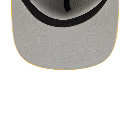 LA Lakers NBA Tip Off 2026 Purple New Era 9FIFTY A-Frame Snapback Adjustable Cap, inside view showing the grey undervisor with multiple rows of white stitching, a black sweatband around the edge, and a black taping along the centre seam.
