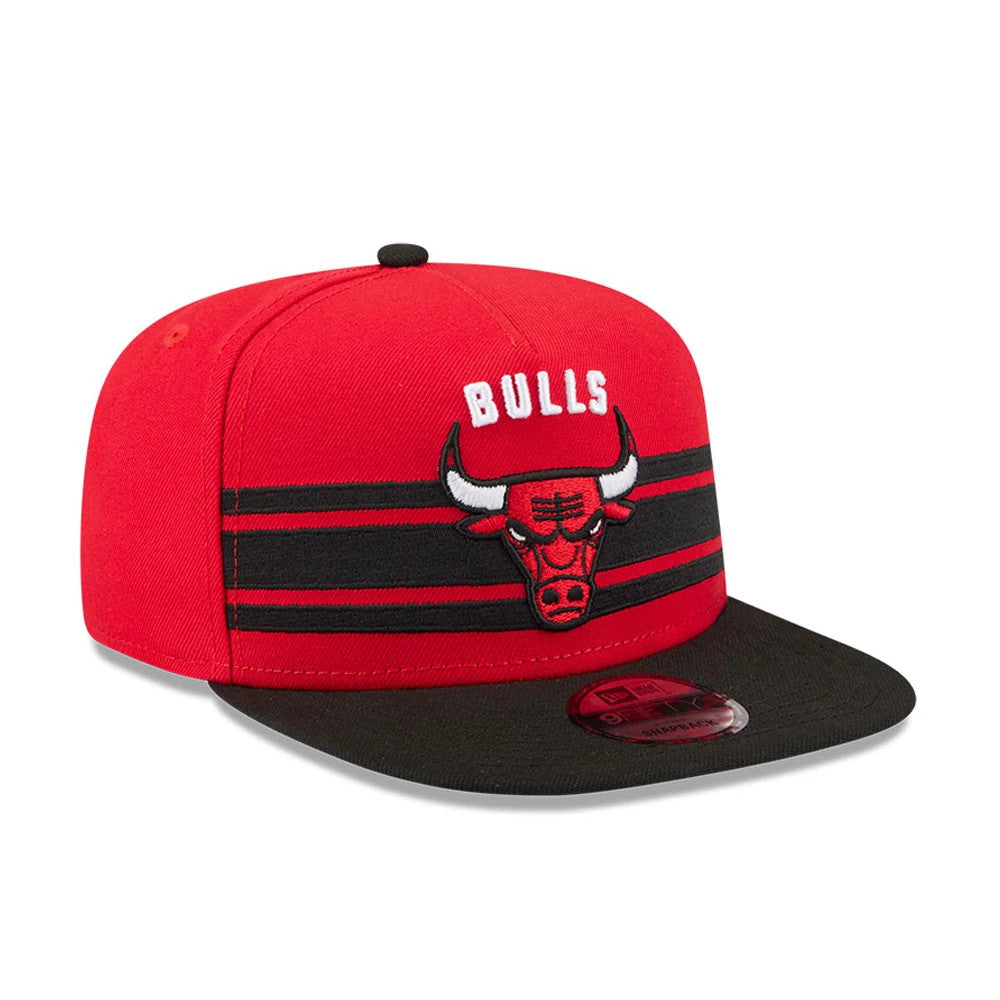 Chicago Bulls NBA Tip Off 2026 Red New Era 9FIFTY A-Frame Snapback Adjustable Cap, front view showing the boldly embroidered Bulls logo and wordmark on the red crown, with black stripe and a black flat visor featuring a 9FIFTY size sticker.