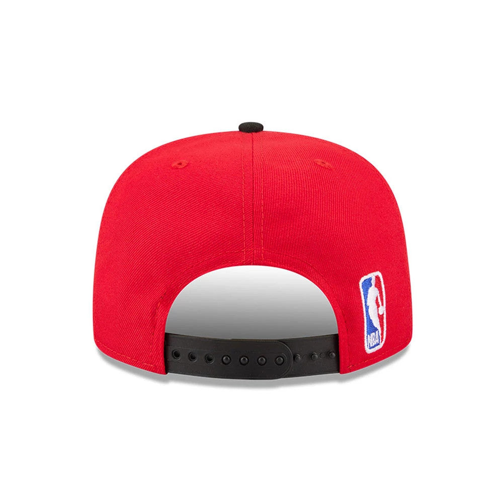 Chicago Bulls NBA Tip Off 2026 Red New Era 9FIFTY A-Frame Snapback Adjustable Cap, rear view showing the NBA logo embroidered on the bottom right back panel, with a black adjustable plastic snap closure.
