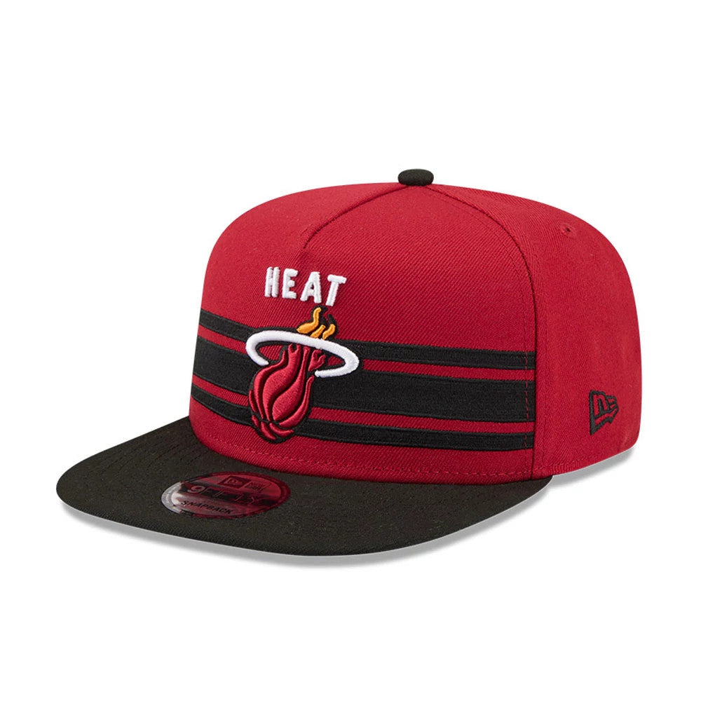 Miami Heat NBA Tip Off 2026 Dark Red New Era 9FIFTY A-Frame Snapback Adjustable Cap, three-quarter view showing raised white and red Heat logo embroidery on the front panel, black flat visor with 9FIFTY size sticker.