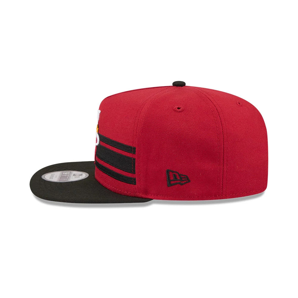 Miami Heat NBA Tip Off 2026 Dark Red New Era 9FIFTY A-Frame Snapback Adjustable Cap, side view showing the black New Era flag logo on the left side, three black stripes across the red crown, and a flat black visor with a 9FIFTY size sticker.