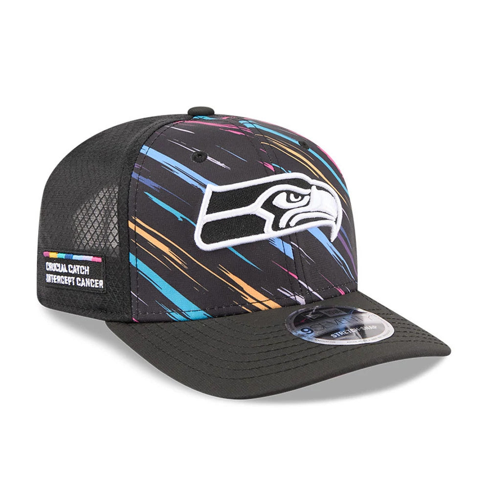 Seahawks NFL City Connect 2026 Black New Era 9SEVENTY Stretch Snap Adjustable Cap, front view showing the white embroidered Seahawks logo on the multicoloured patterned front panel, black visor with a 9SEVENTY size sticker.