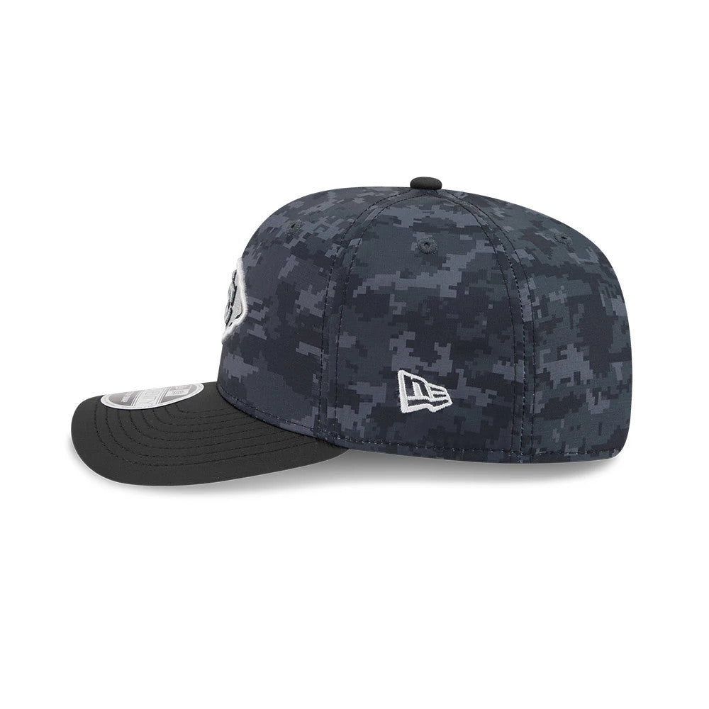 City Chiefs NFL Digi Camo & Black New Era 9SEVENTY Stretch Snap Adjustable Cap, side view showing the white embroidered New Era flag logo on the camouflage digital print crown, paired with a flat black visor.