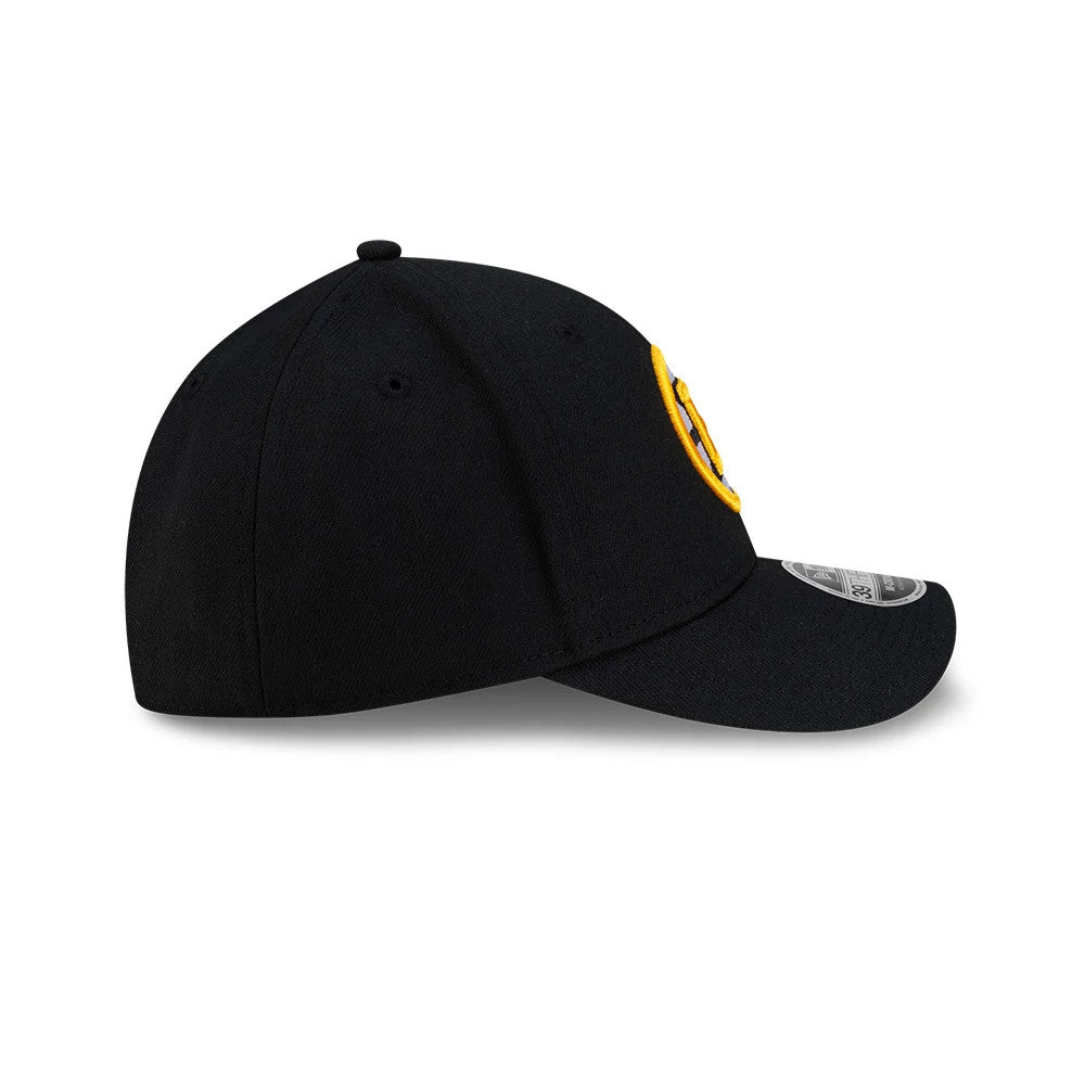 Boston Bruins NHL Team Black New Era 39THIRTY M-Crown Stretch Fit Cap, side view showing the raised embroidered gold and black team logo on the front panel, with a curved black visor and a 39THIRTY size sticker on the top.