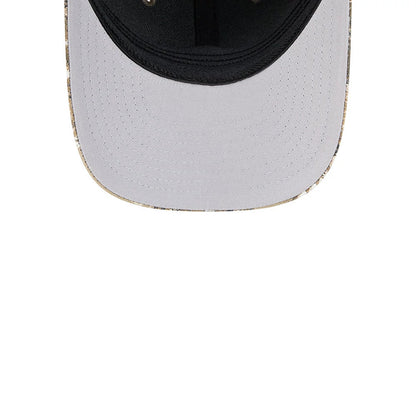 Anaheim Ducks NHL Realtree Camo New Era 39THIRTY M-Crown Stretch Fit Cap, inside view showing a light grey undervisor with detailed stitch lines, a black sweatband on the structured camo crown, and black taping along the interior seams.