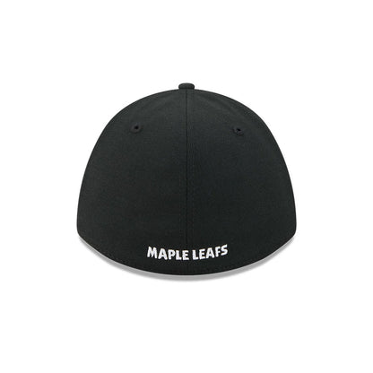 Toronto Maple Leafs NHL Black New Era 39THIRTY M-Crown Stretch Fit Cap, rear view showing the white embroidered Maple Leafs text at the lower edge of the black structured crown, with two black eyelets and a central top button.