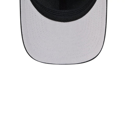 Toronto Maple Leafs NHL Black New Era 39THIRTY M-Crown Stretch Fit Cap, inside view showing the grey undervisor contrasting with the black visor above, accented with neat rows of stitching and a black interior sweatband.