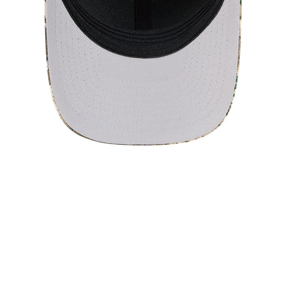 Toronto Maple Leafs NHL Realtree Camo New Era 39THIRTY M-Crown Stretch Fit Cap, inside view showing the light grey undervisor with distinct stitching, black taping along the seams, and a flexible black sweatband.