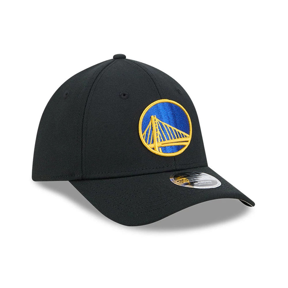 Golden State Warriors NBA Team Black New Era 39THIRTY M-Crown Stretch Fit Cap, three-quarter view showing the raised embroidered yellow and blue team logo on the front panel, the curved black visor, and the 39THIRTY size sticker on the visor.