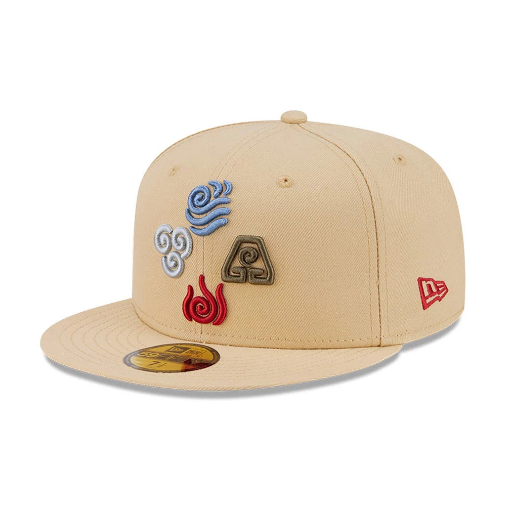 Avatar Elements Light Beige New Era 59FIFTY Fitted Cap, front view showing multicolour embroidered elemental symbols on the front panels, a structured light beige crown with a matching flat visor, and a red New Era flag logo on the left side.