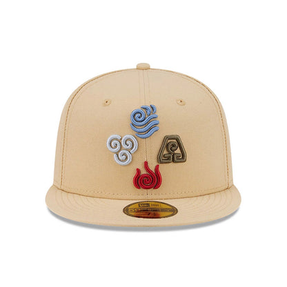 Avatar Elements Light Beige New Era 59FIFTY Fitted Cap, front view showing four-element embroidered symbols with blue, white, red, and brown designs on the structured light beige crown, and a gold 59FIFTY size sticker on the flat visor.