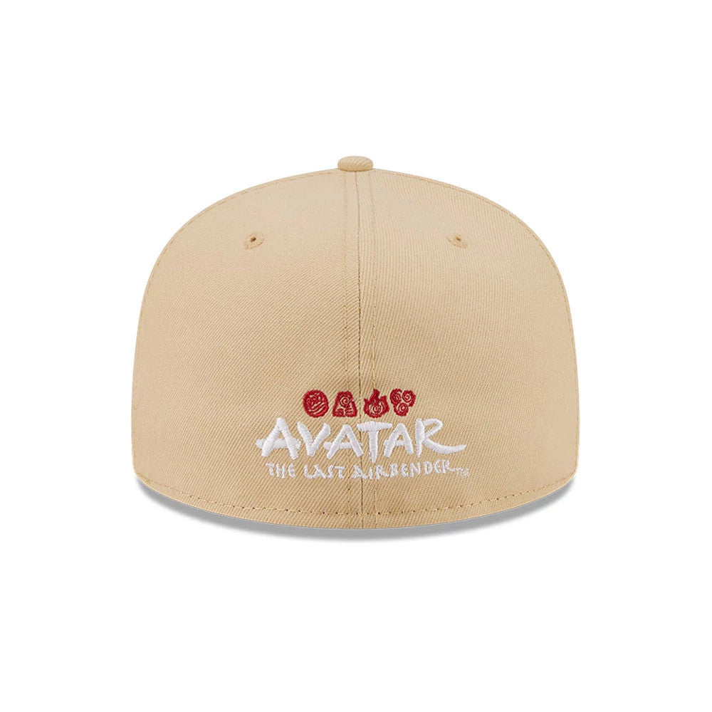 Avatar Elements Light Beige New Era 59FIFTY Fitted Cap, rear view showing the white embroidered Avatar The Last Airbender lettering below red elemental symbols, set centrally on the light beige crown with eyelets and a matching top button.