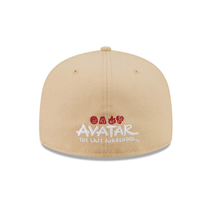 Avatar Elements Light Beige New Era 59FIFTY Fitted Cap, rear view showing the white embroidered Avatar The Last Airbender lettering below red elemental symbols, set centrally on the light beige crown with eyelets and a matching top button.